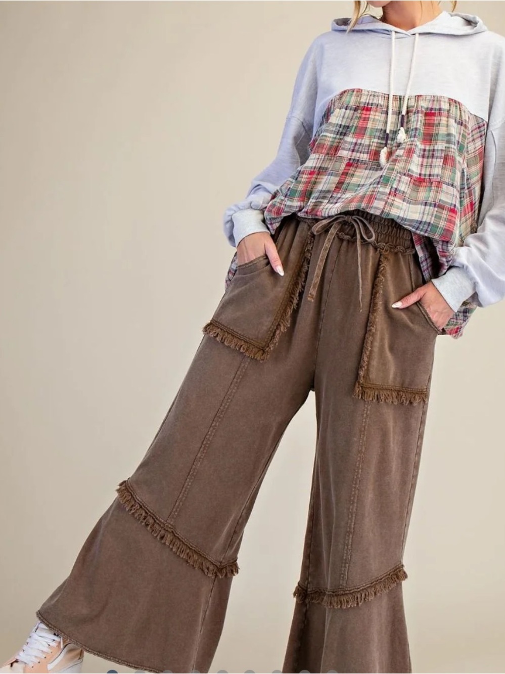Easel Mineral Washed Terry Knit Wide Leg Frayed Edge Brown Lounge Pants 3XL Boho